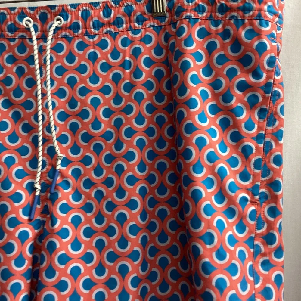 Bonobos Men Swim Trunks Blue Orange Geometric Pattern Elastic Waist Drawstring L